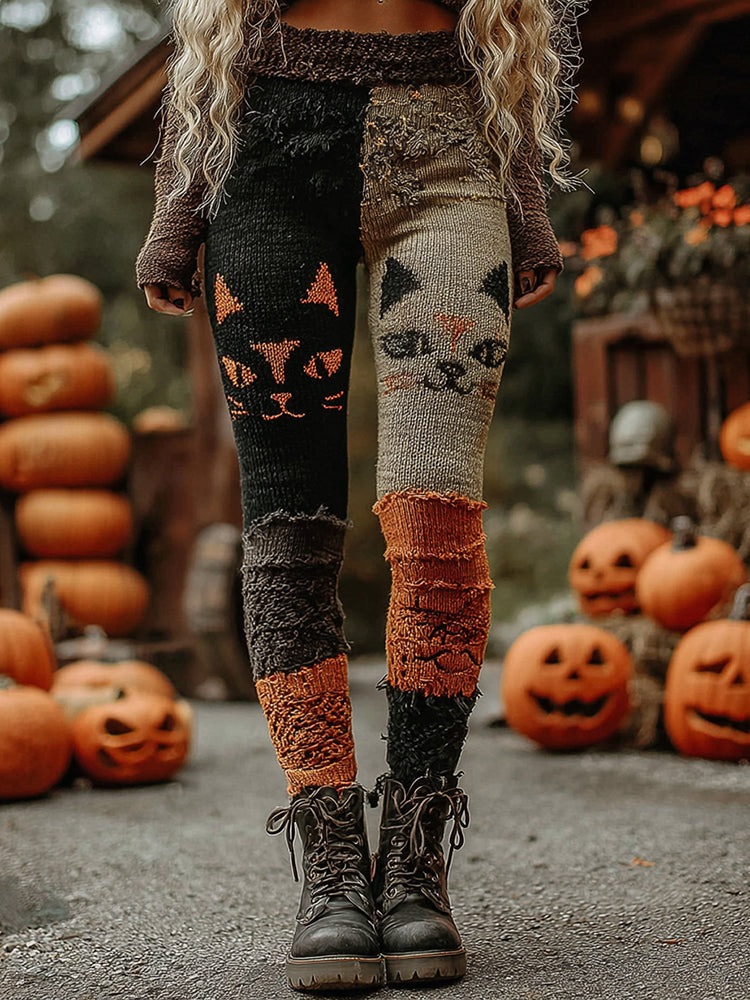 Vintage Patchwork Halloween Pumpkin Face Art Stitched Cozy Knit Leggings