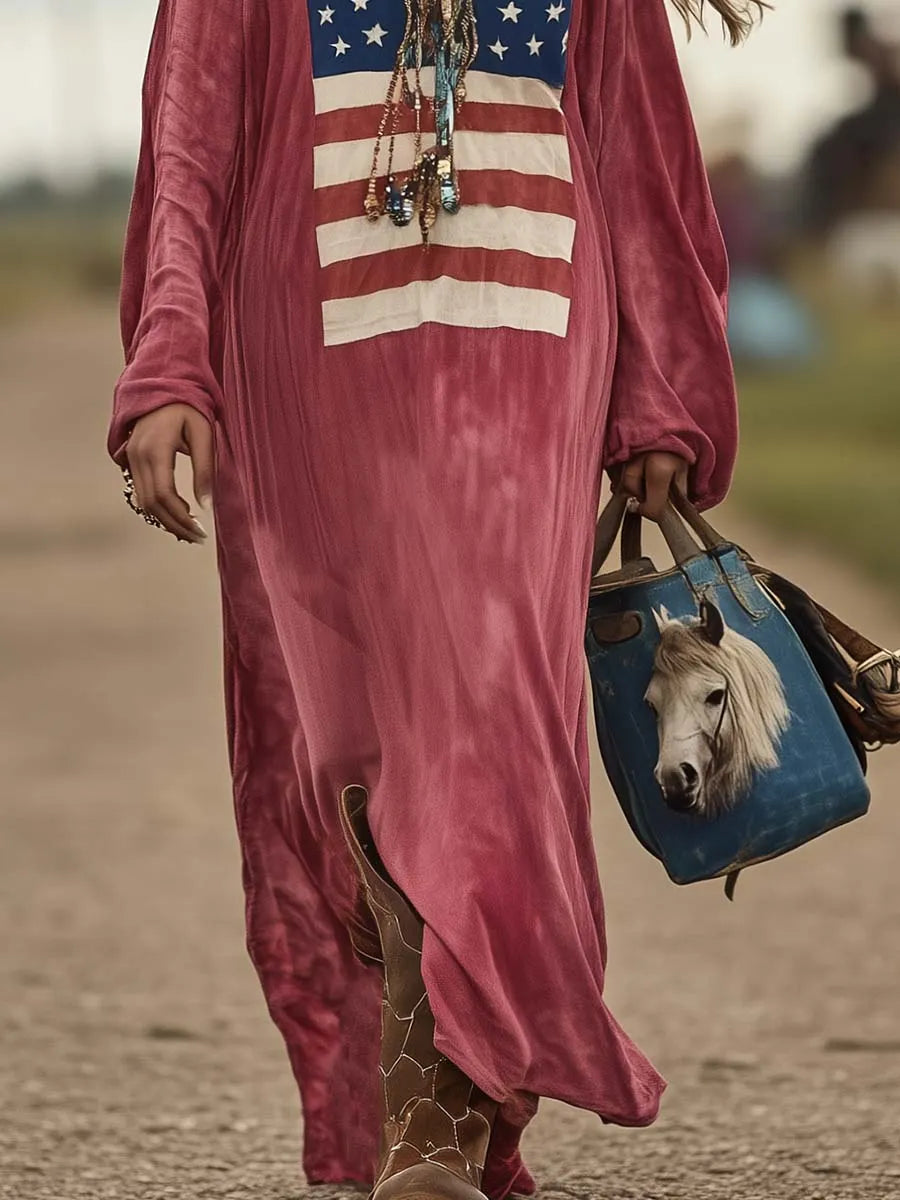 Vintage Casual Western Long Sleeve Flag Print Pink Cotton Loose Maxi Dress