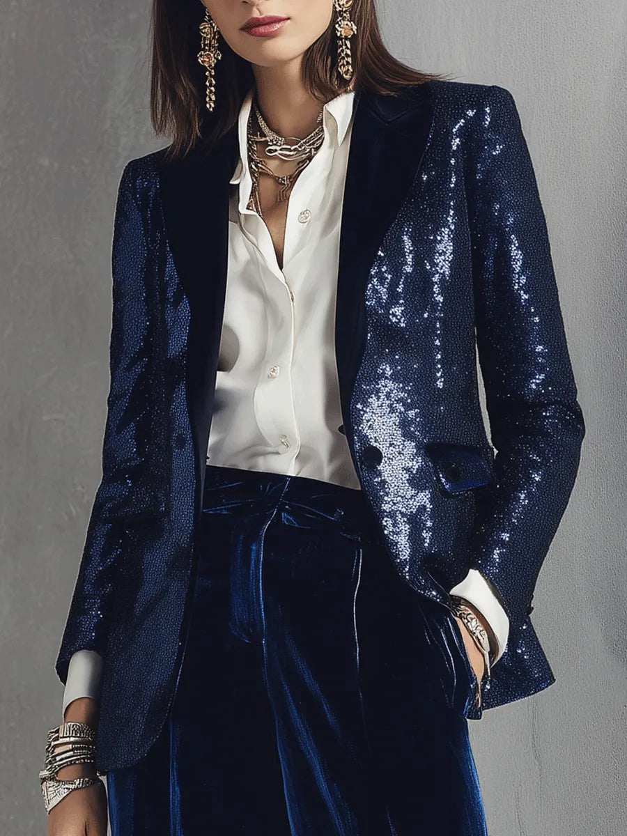 Sequin Blazer & Velvet Wide-Leg Pants Two-Piece Suit Set
