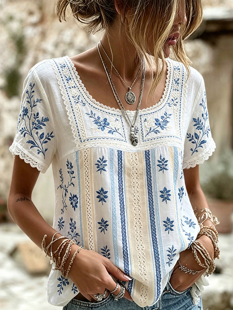 Women's Vintage Floral And Lace Art Cotton Linen Casual Short Sleeve Top