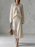 Oversized V-Neck Knit Sweater & Satin Lace-Trim Midi Skirt Set