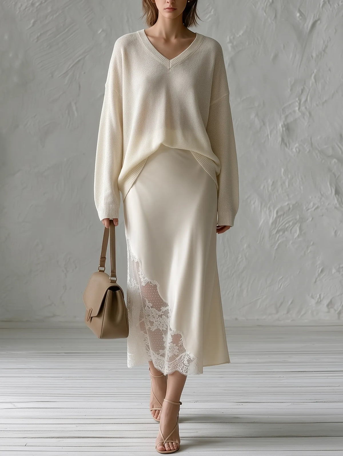 Oversized V-Neck Knit Sweater & Satin Lace-Trim Midi Skirt Set