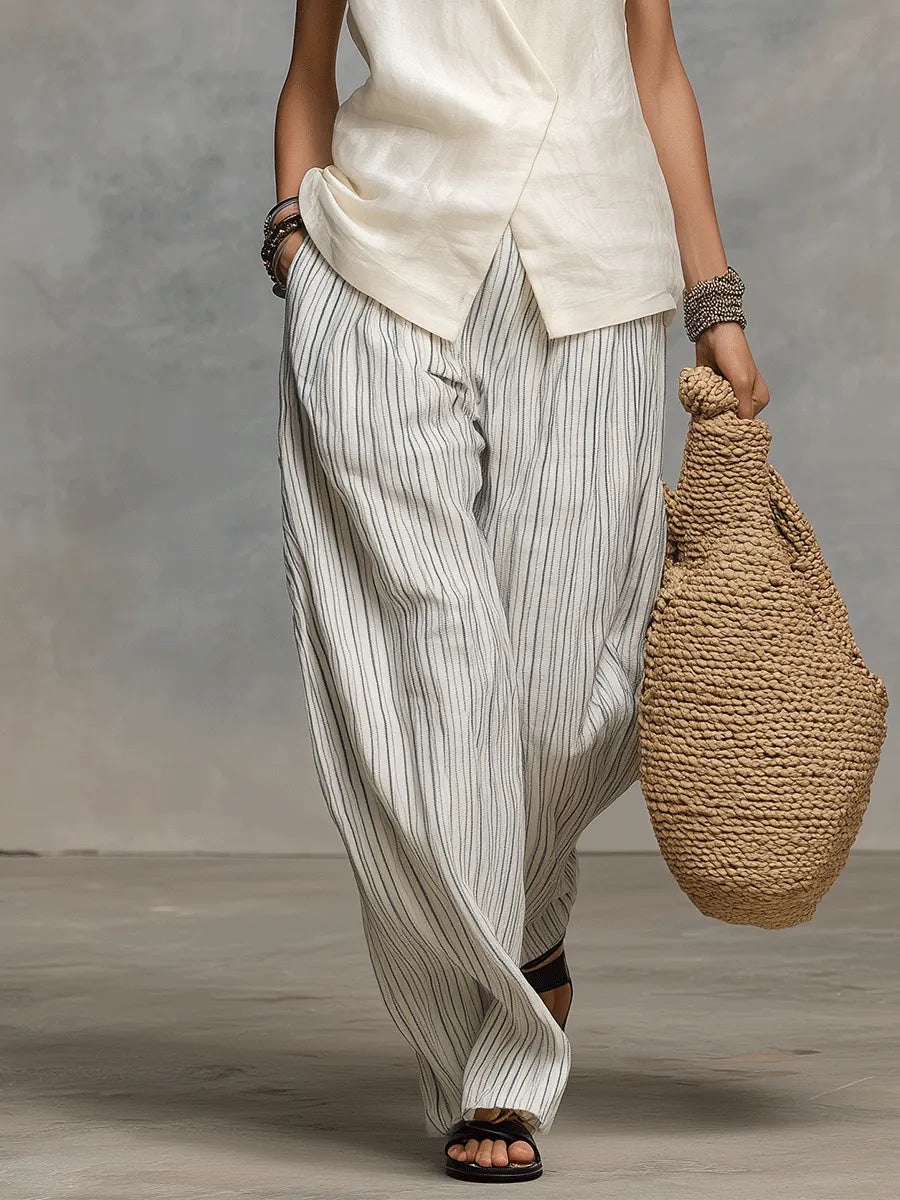 Chic Ivory Wrap Vest & Stripe Wide-Leg Pants Set