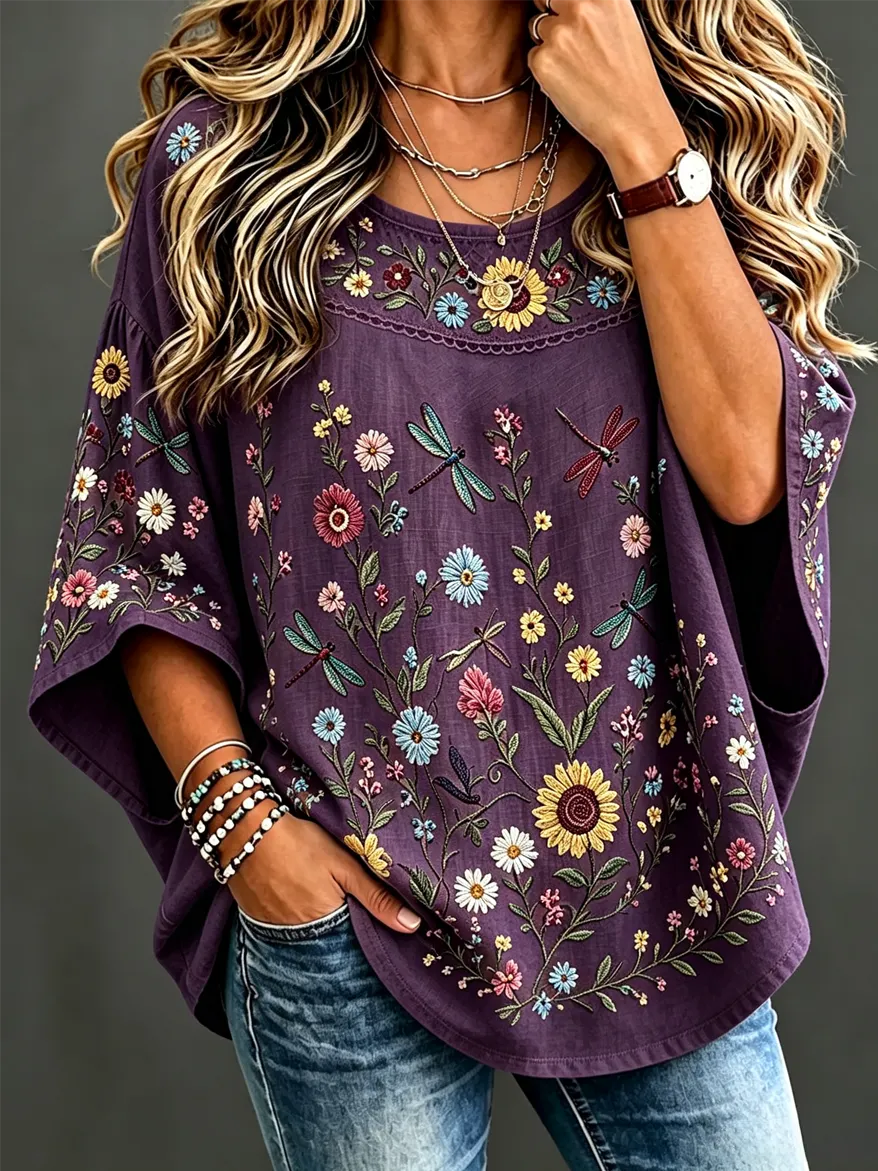 Ladies' Floral Cotton Linen Casual Top