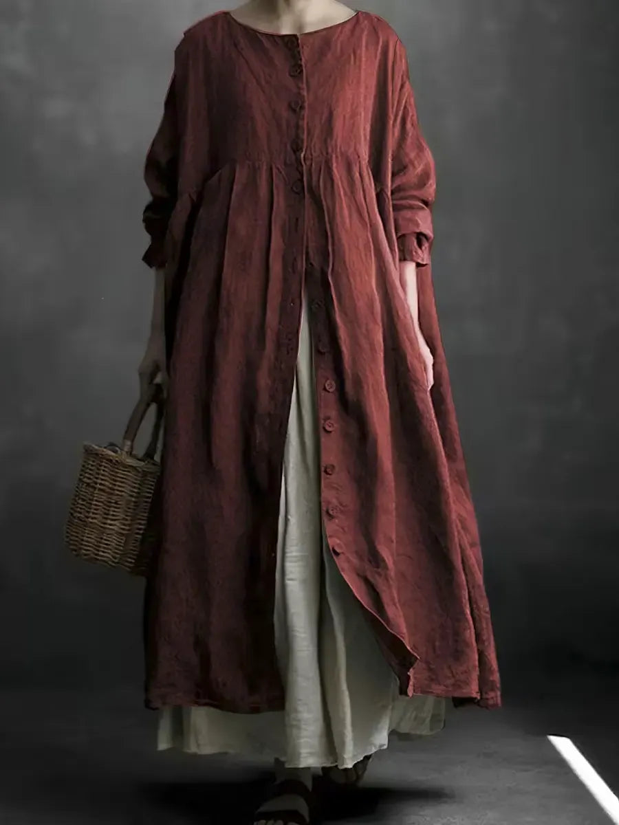 Women's Solid Color Art Casual Long Sleeve Cotton Linen Dress