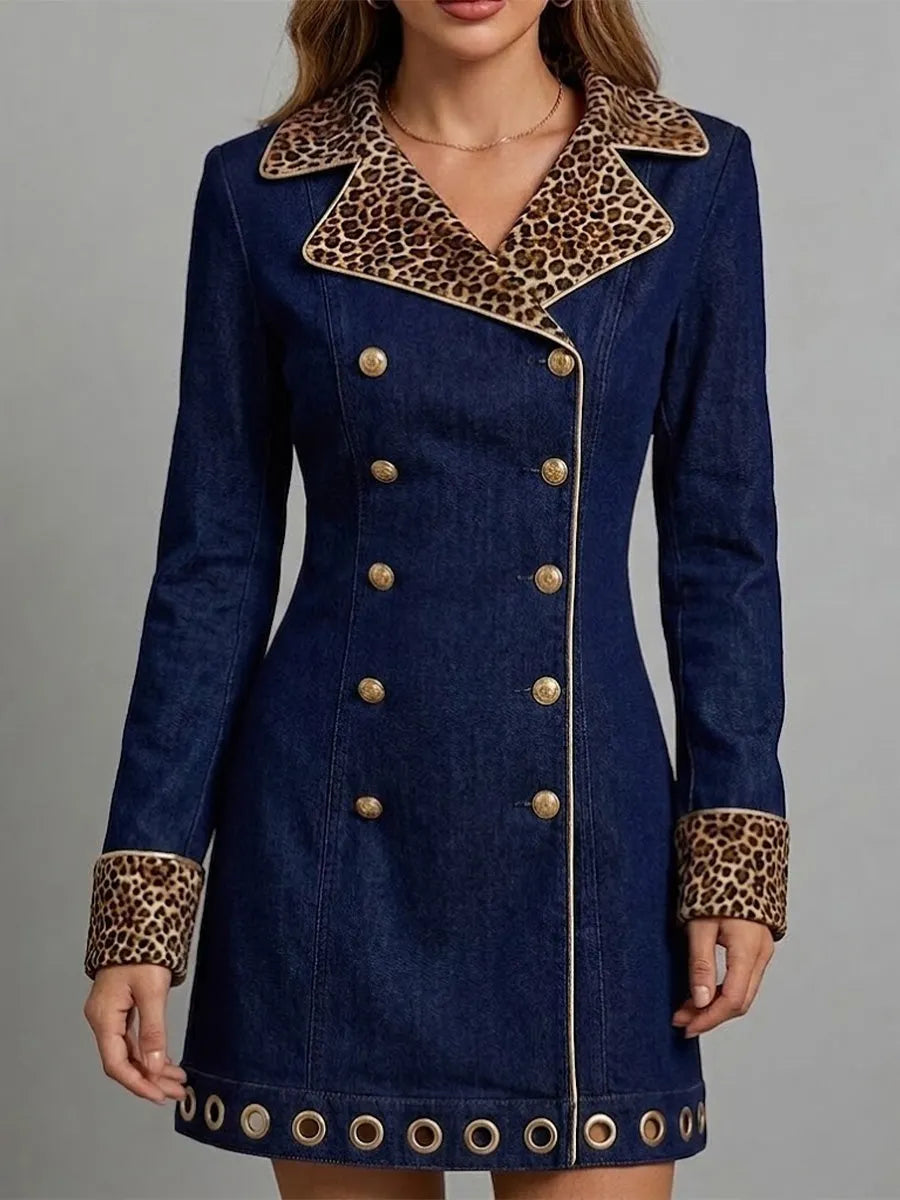 Leopard-print Collared Double-breasted Denim Dress
