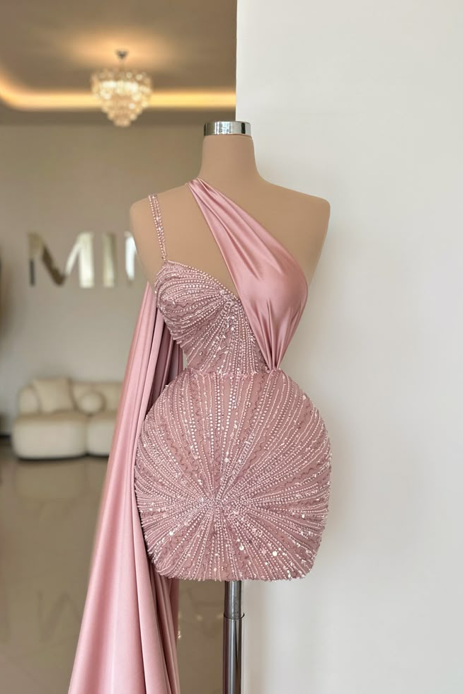 One Shoulder Sleeveless Short Homecoming Dress With Beading HC0152