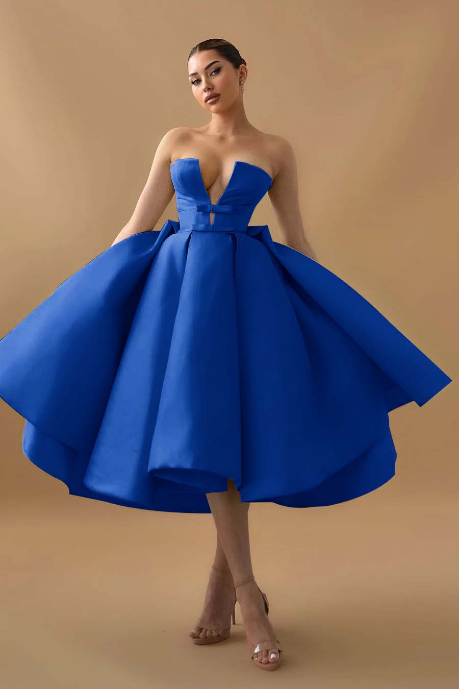 Cocoslly Chic Deep V Neck Strapless Sleeveless A-Line Homecoming Dress With Ruffles And Bow-knot | Mint Green Satin HC0078