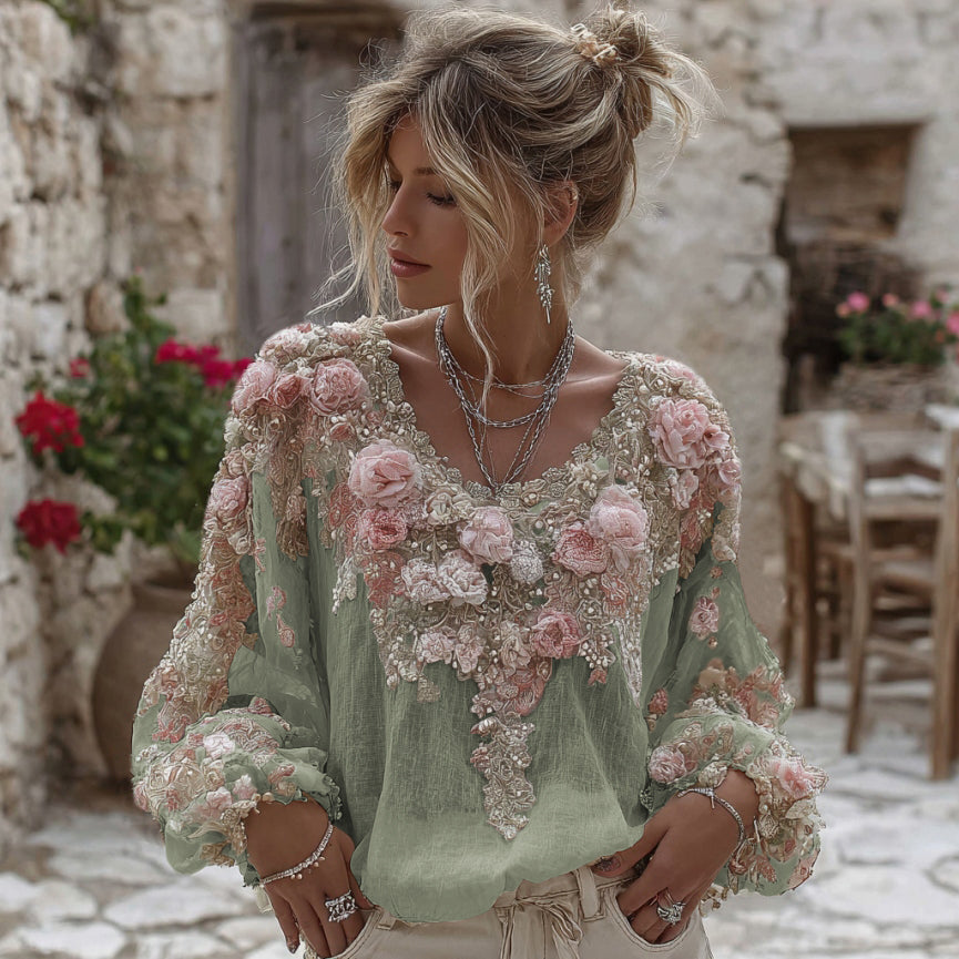 Women's Vintage Pink Rose Embroidery Art Round Neck Linen Blend T-shirt