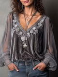 Vintage Grey Embroidered Velvet Blouse With Lace And Sheer Balloon Sleeves