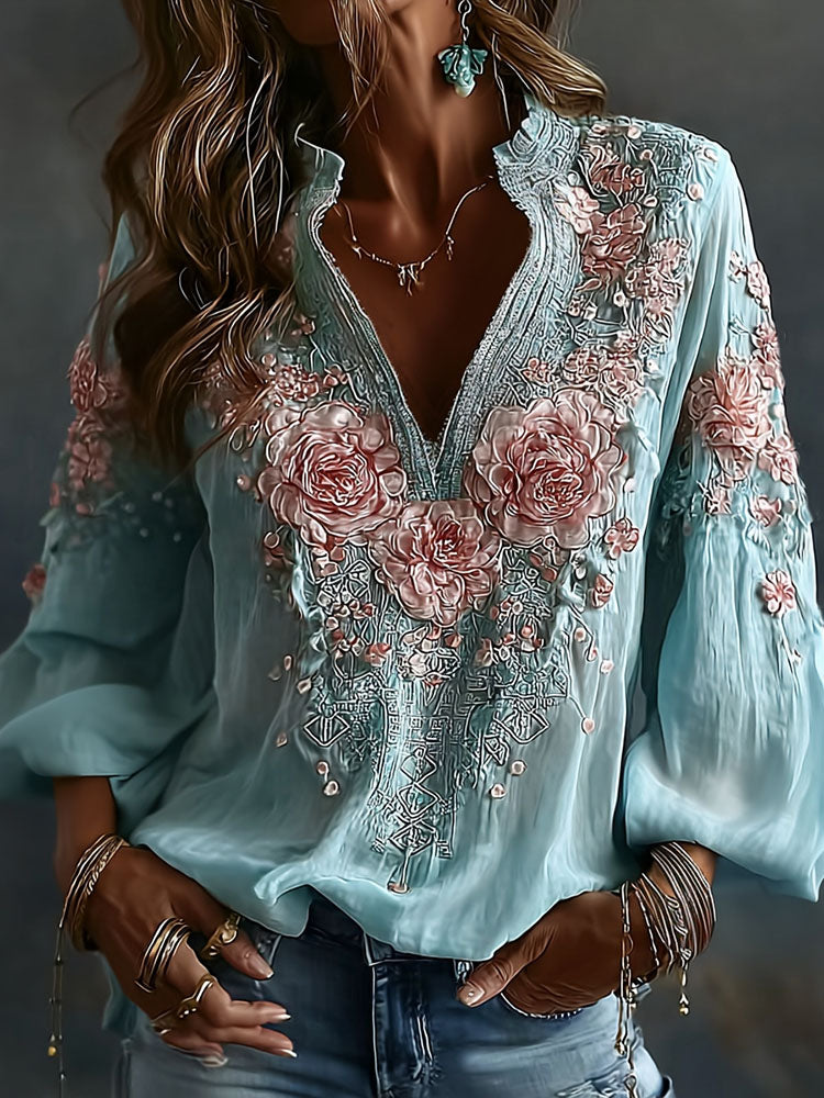 Women's Spring Floral Embroidered Art Print Flowy Linen Blend Long Sleeve Tops