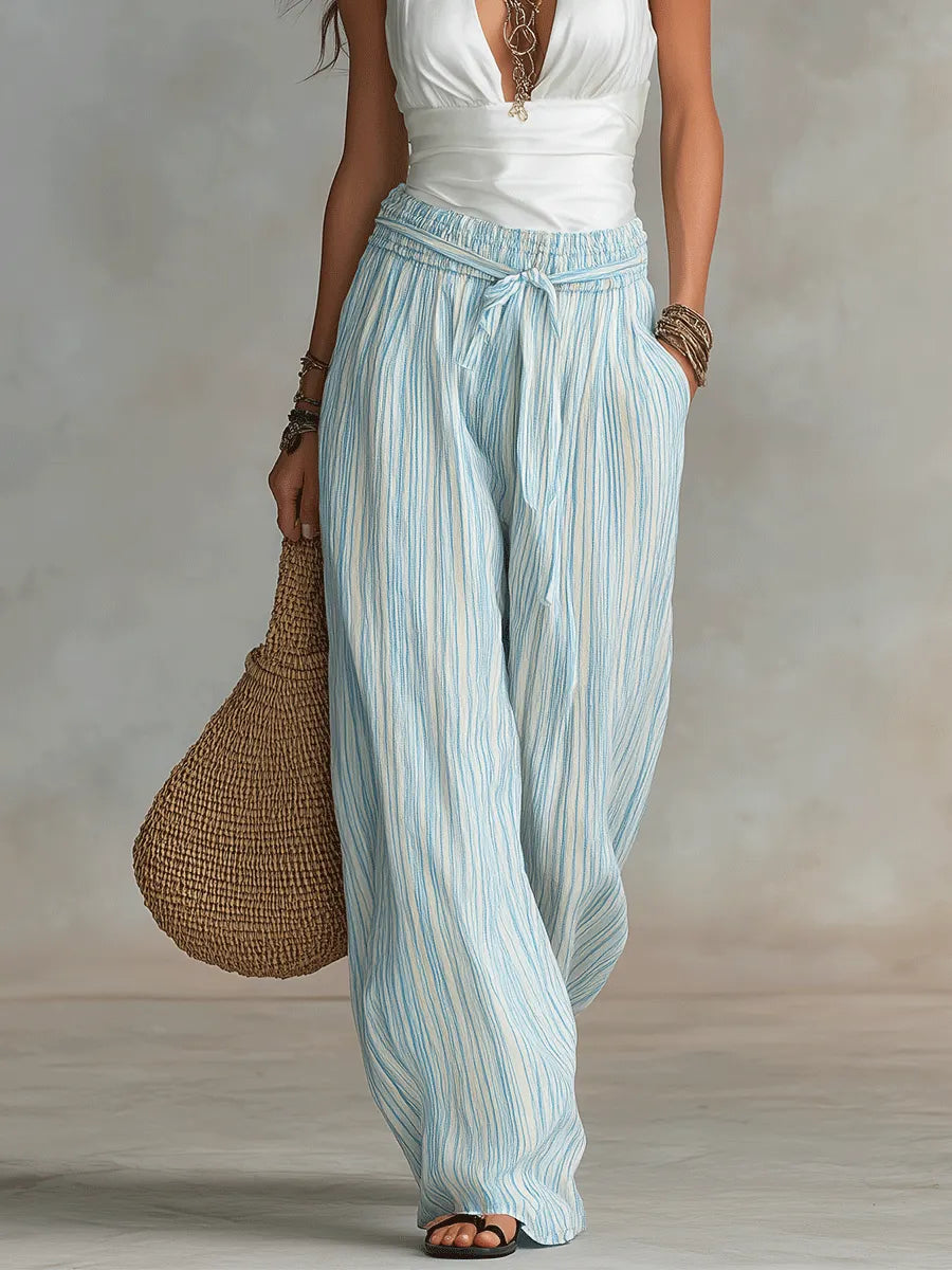 Bohemian Resort White Halter Top & Stripe Wide-Leg Pants Set