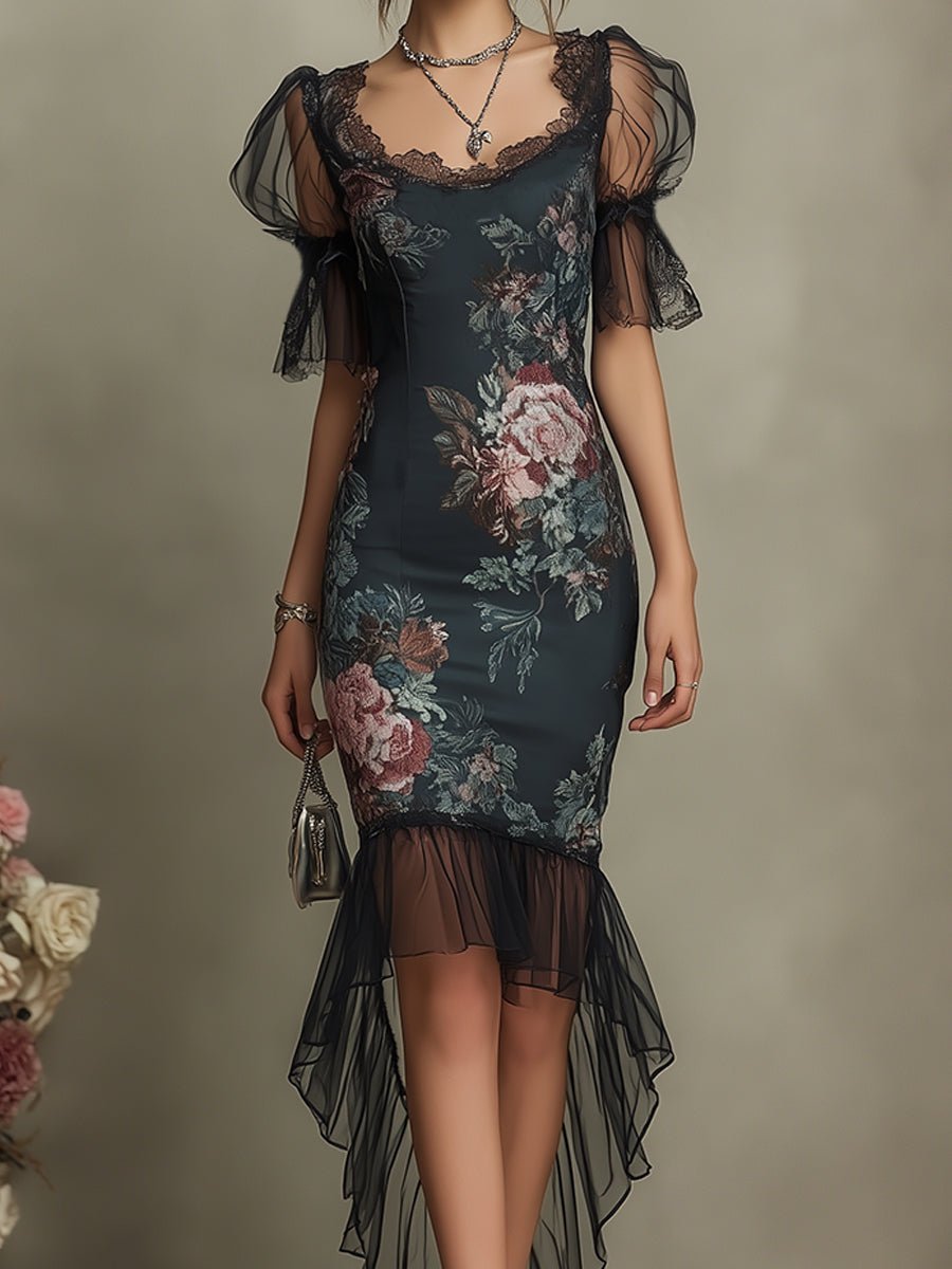 Vintage Floral Satin  Maxi Dress With Chiffon Fishtail Hem