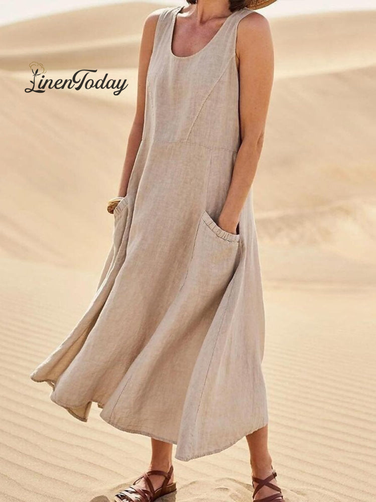 Women Sleeveless Sundress Elegant Round Neck Cotton Linen Solid Long Tank Casual Summer Dress