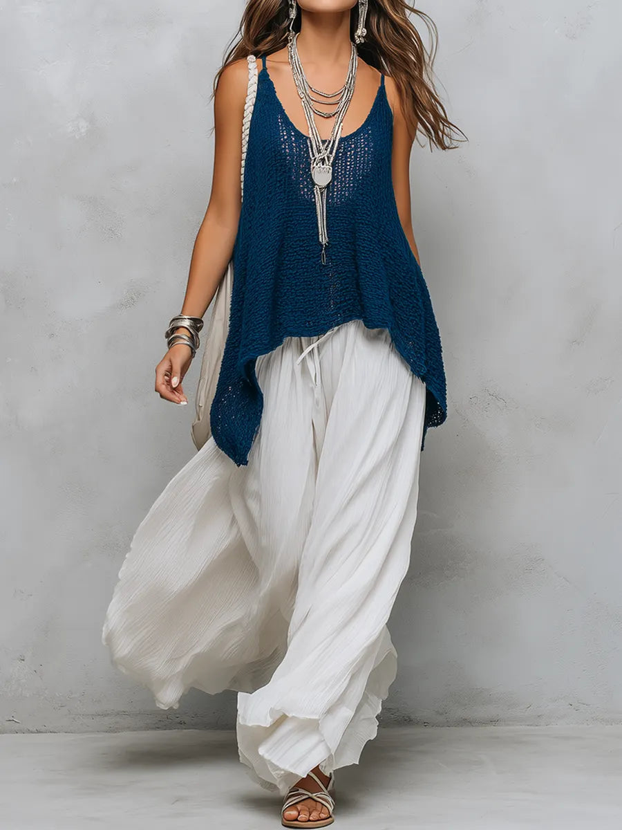 Bohemian Style Openwork Knit Two piece Set With Flowing Wide leg Pants