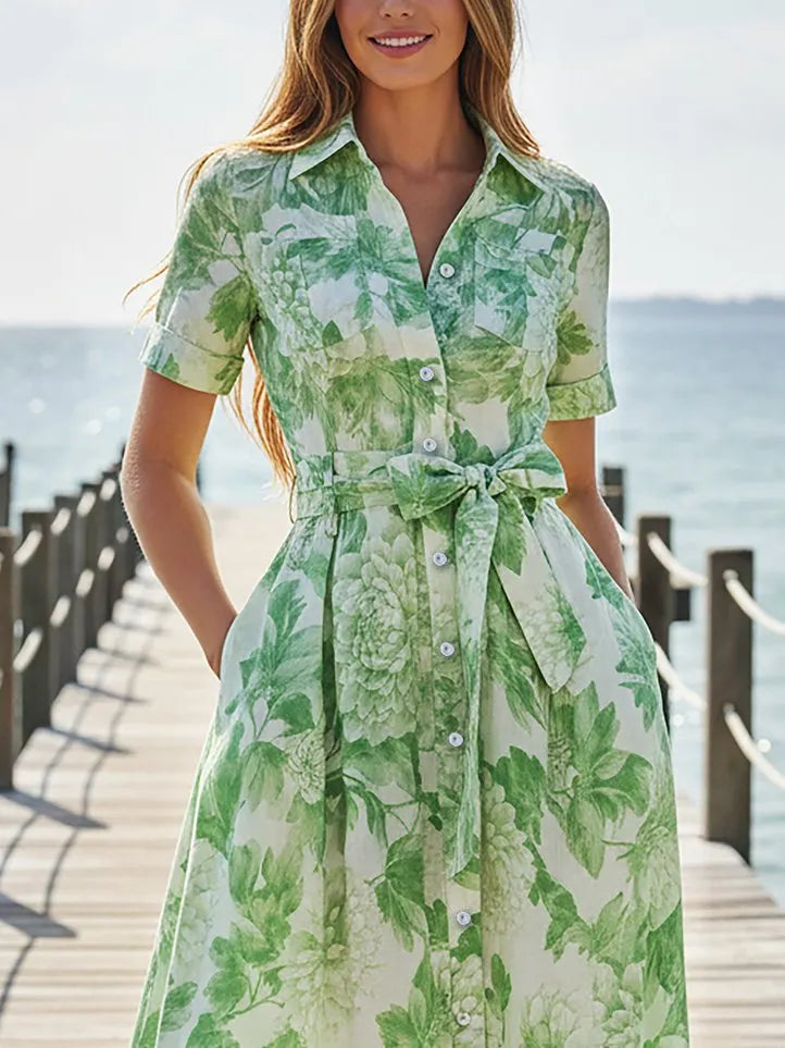 Maxi Linen Dress, Short Sleeves, Shawl Collar, Floral, Pocket Design, Vacation, Vintage, Green