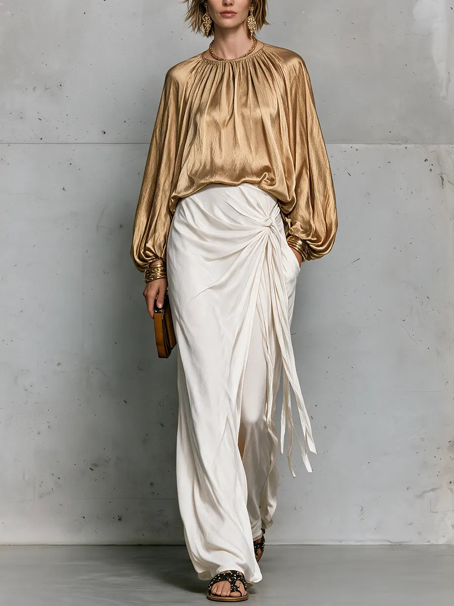 Effortless Evening Gold Draped Top & Tie-Waist Maxi Skirt Set