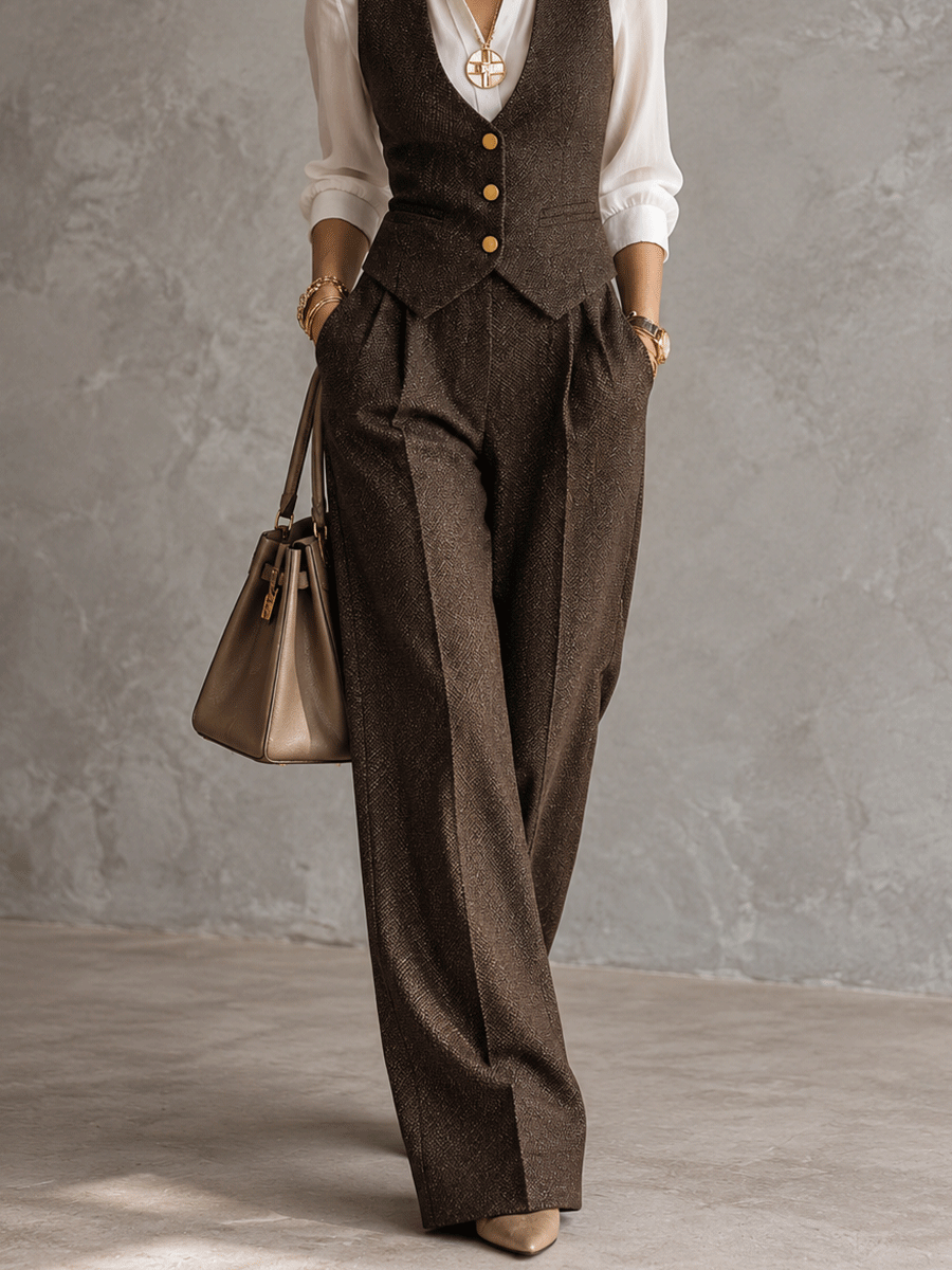 Quiet Luxury Herringbone Wool Fitted Espresso Brown Two-Piece Suit