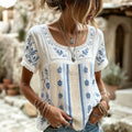 Women's Vintage Floral And Lace Art Cotton Linen Casual Short Sleeve Top
