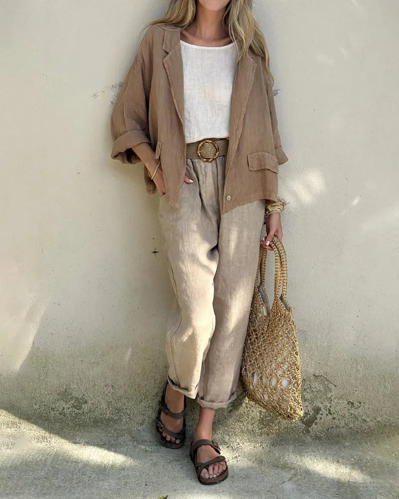Casual Solid Lap Collar Shirt & Pants Two-Piece Set (Without Belt)