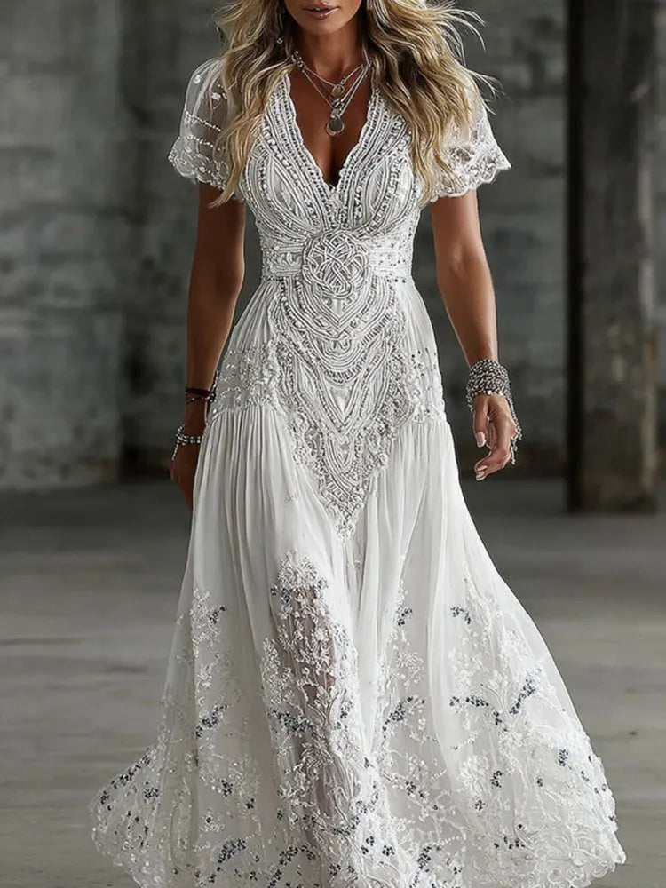 Women's Vintage Floral Art Linen Blend V Neck Maxi Dress