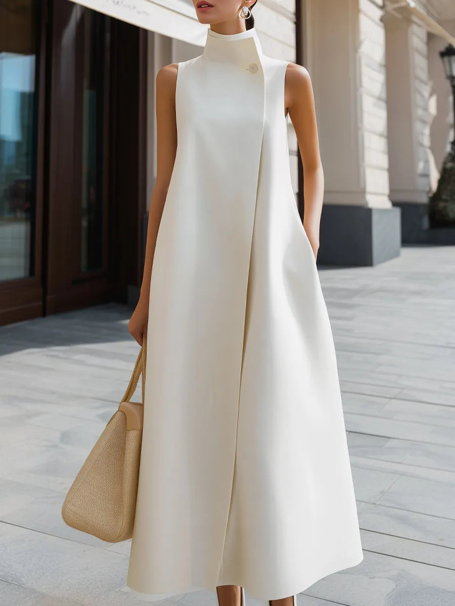 Asymmetric High-Neck Flowing A-Line Maxi Dress