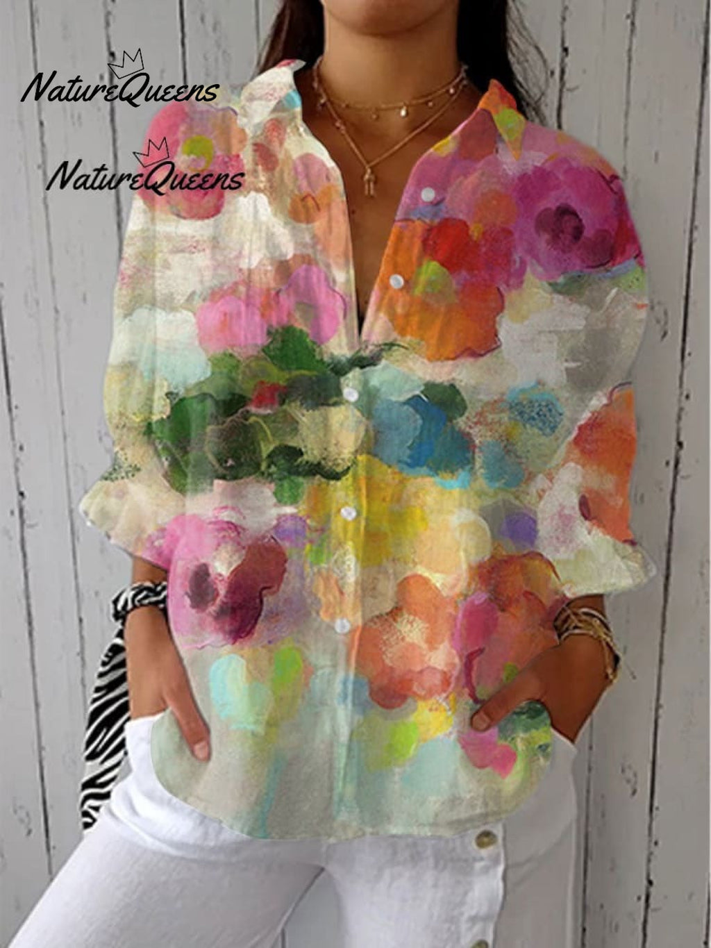 Women's  Floral Art Print Casual Cotton And Linen 3/4 Sleeve Shirt