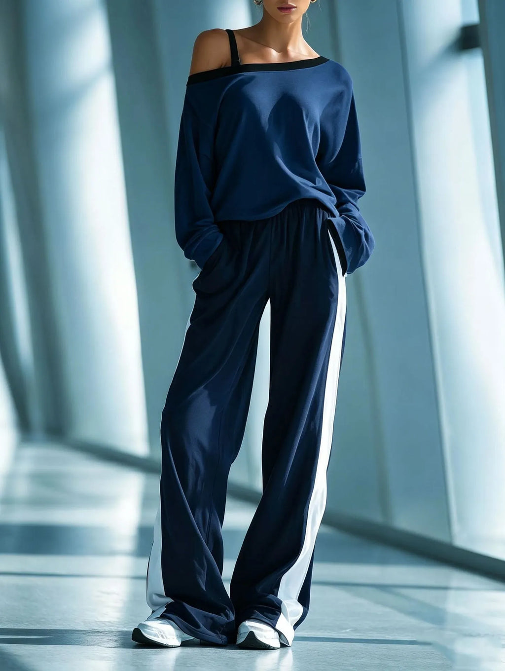 Casual Cotton One-shoulder Sweatshirt And Pants Two-piece Set