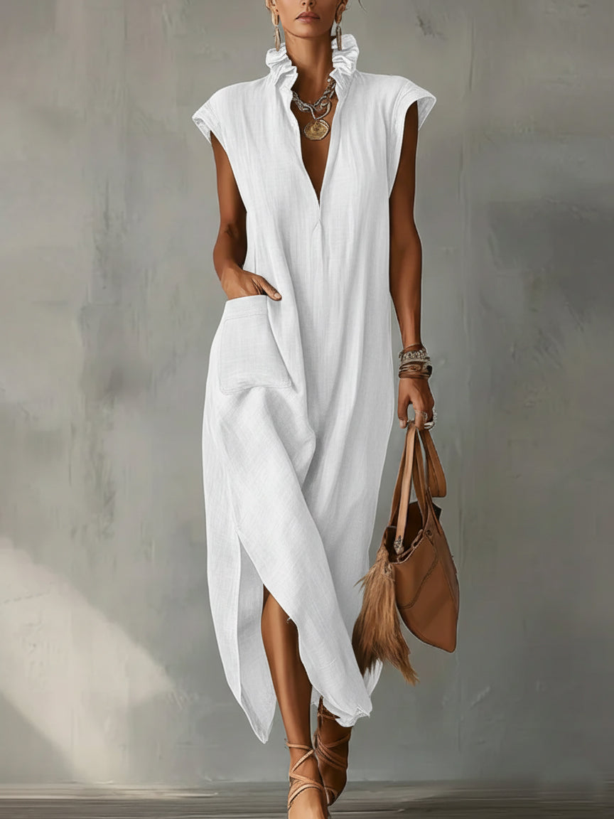 Women’s Ruffle Collar Cotton Linen Midi Dress – Elegant Summer Dress