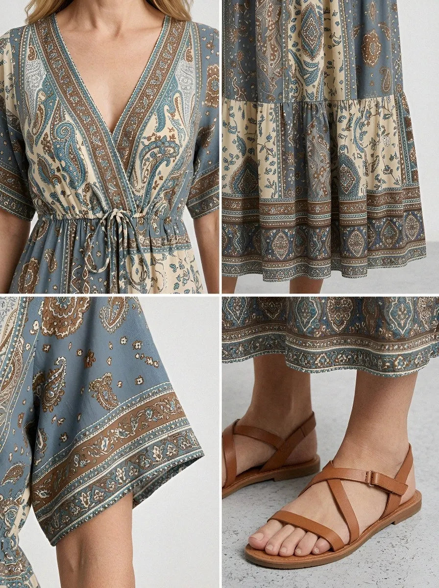 Women's Bohemian V-Neck Paisley Floral Printed Maxi Dress