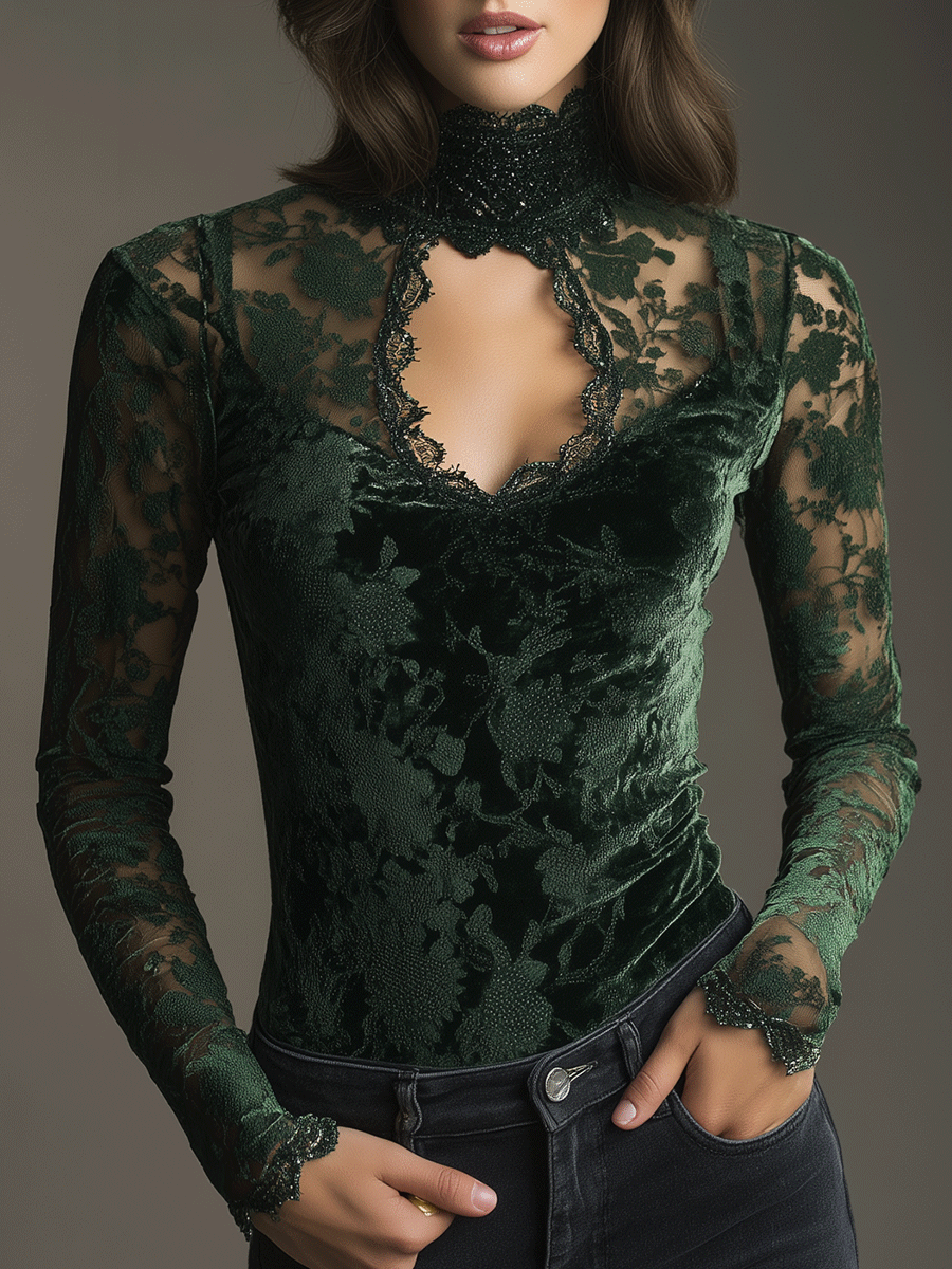 Bohemian Luxury Emerald Green Velvet Lace Tulle Shirt