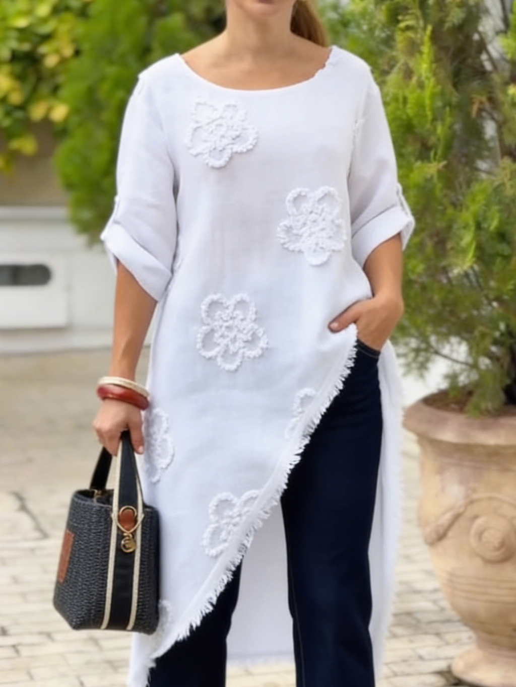 Floral Embroidered Loose-fitting Cotton Shirt Blouse