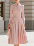 Elegant Blush Pink Pleated Midi Dress With Stand Collar