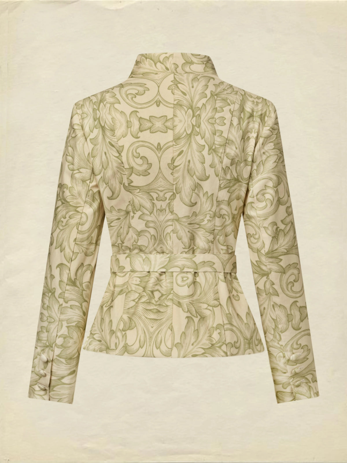 Midi Cotton Skirt Set, Long Sleeves, V Neck, Leaf, Plants, Button Design, Vintage, Light Khaki