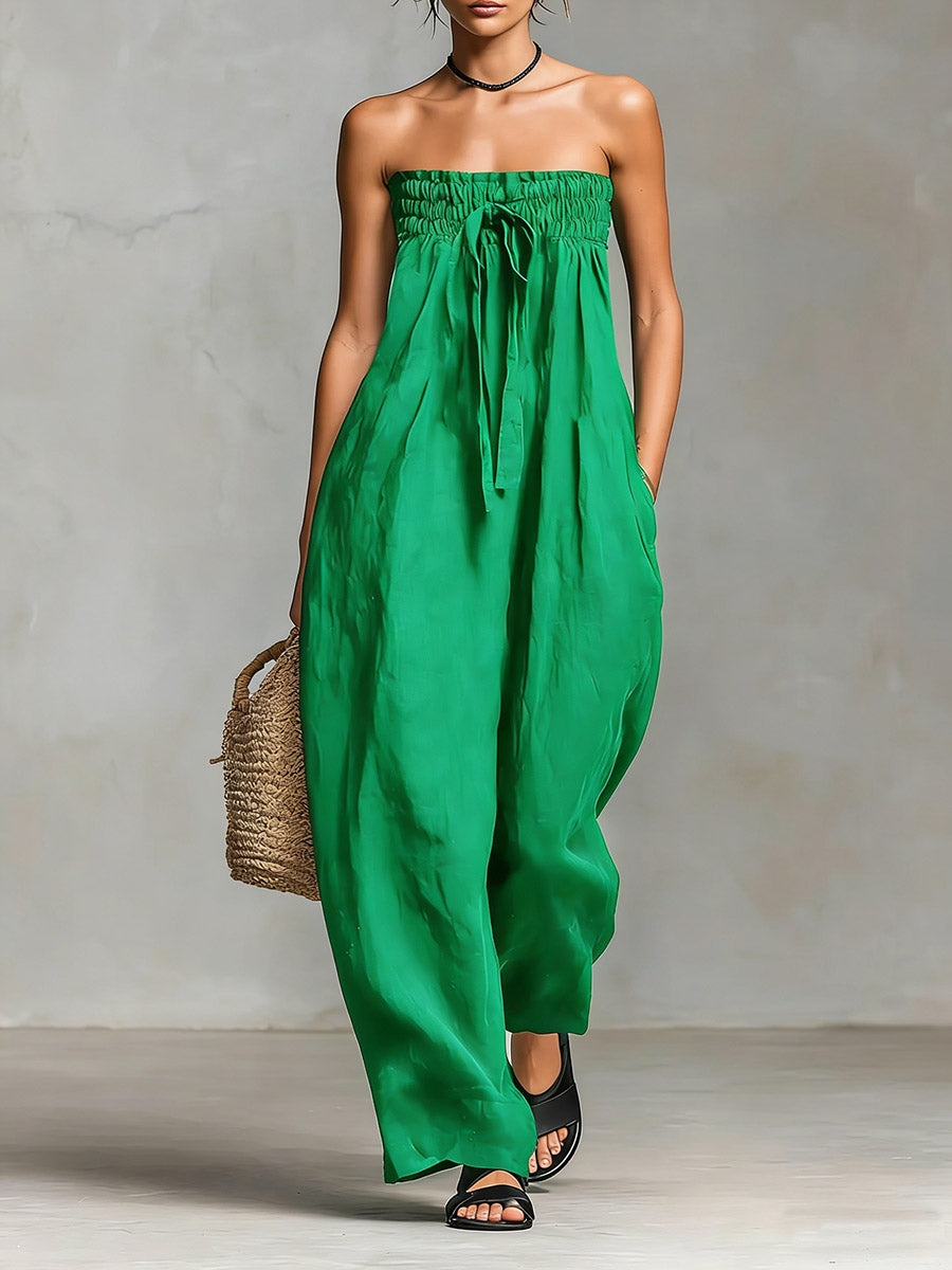 Women's Solid Color Strapless Casual Loose Cotton And Linen Jumpsuit
