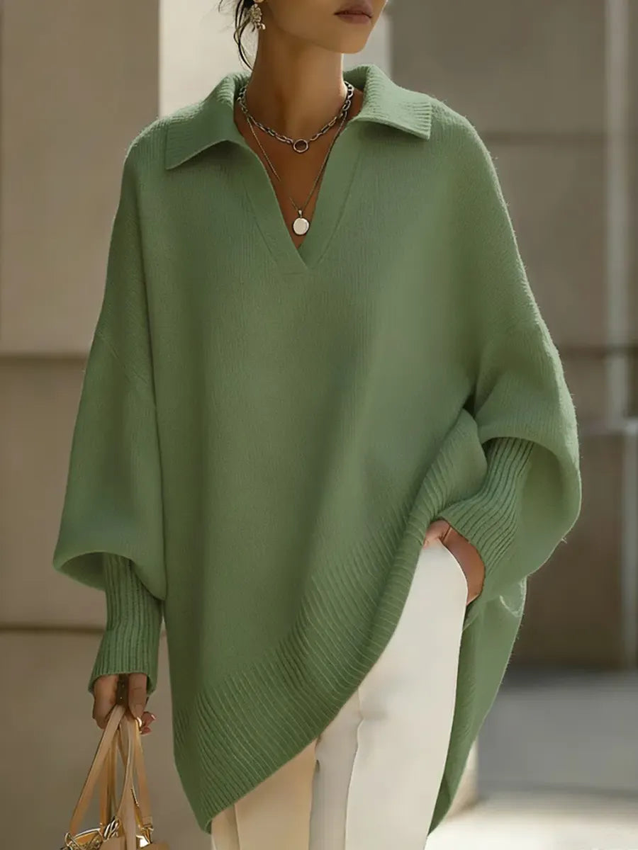Women's Solid Color V-neck Long-sleeved Casual Loose-fitting Knitted Pullover Sweater