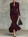 Burgundy Stand-Collar Gold-Button Peplum Maxi Skirt Set