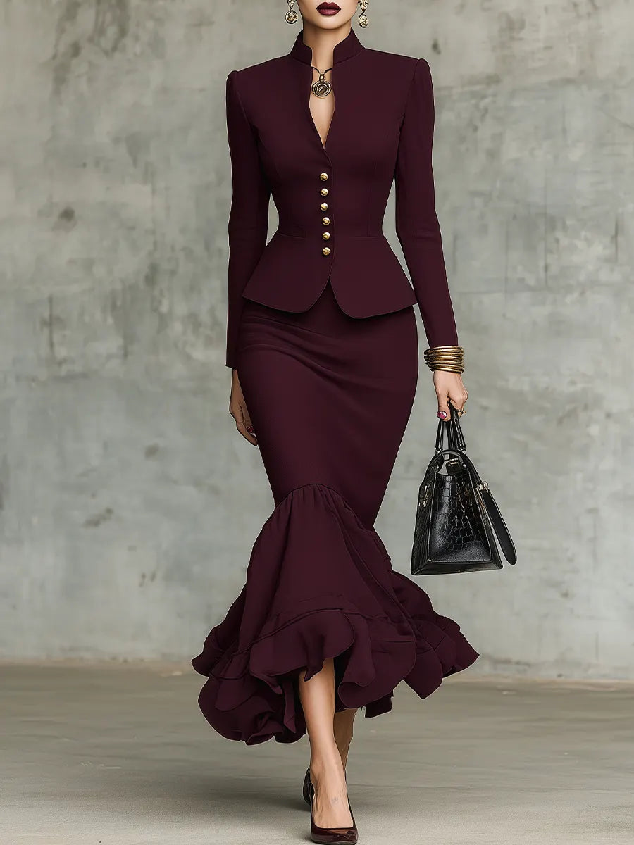 Burgundy Stand-Collar Gold-Button Peplum Maxi Skirt Set
