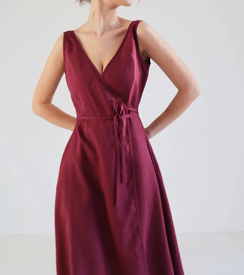 Burgundy Solid Color Linen Wrap Dress