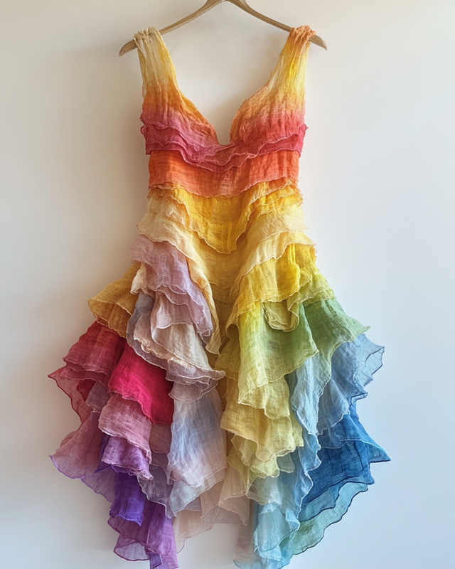 Rainbow Gradient Ruffle Sleeveless Dress  be7a
