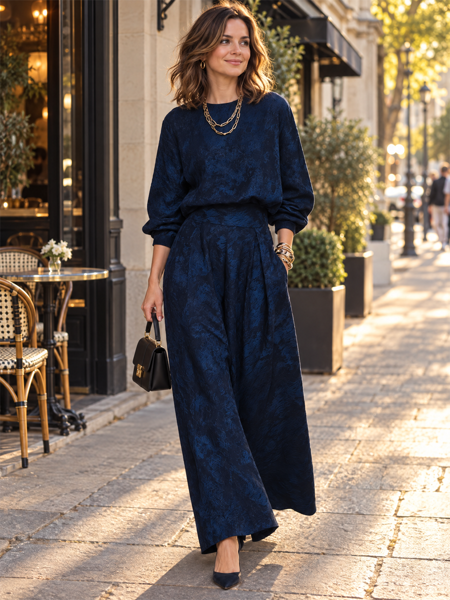 Navy Blue Textured Lantern Sleeve Top And Skirt Set