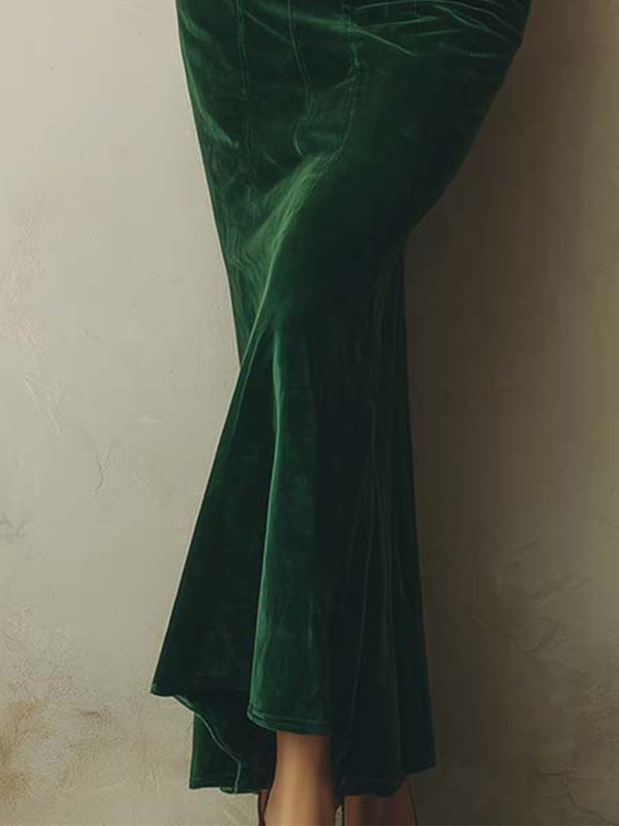 Classic Retro Puff Sleeve Deep Green Bodycon Dress