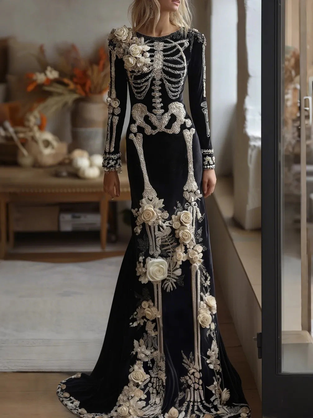 Women's Halloween Dark Gothic Rose Skeleton Velvet Round Neck Maxi Dress