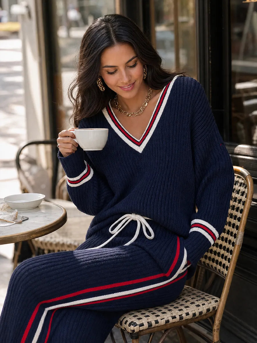 Relaxed Navy Varsity-Stripe Ribbed Knit Set