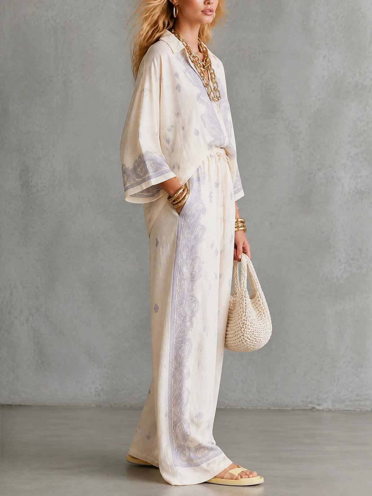 Resort Bohemian Paisley Shirt & Wide Leg Pants Set