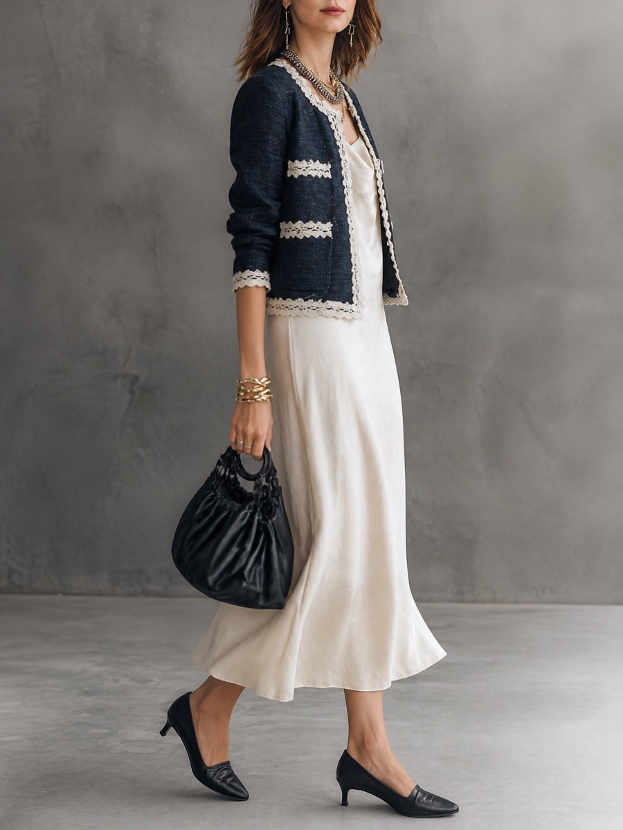 Tweed Lace-Trim Cropped Jacket & Satin Slip Dress Two-Piece Set