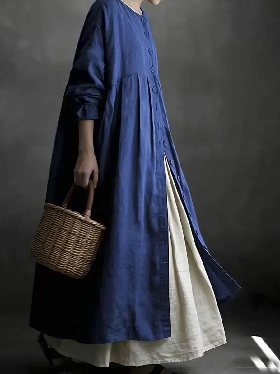 Women's Solid Color Art Casual Long Sleeve Cotton Linen Dress