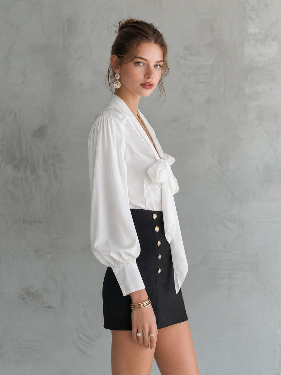Women's Bow-Tie Satin Blouse & Gold Button Mini Skirt Two-Piece Set