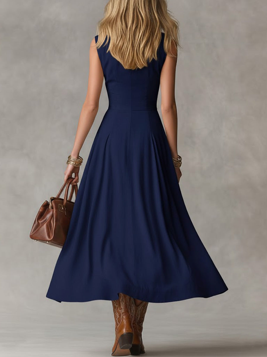 Women's Solid Color Collared Sleeveless Casual Loose Cotton Linen Dress