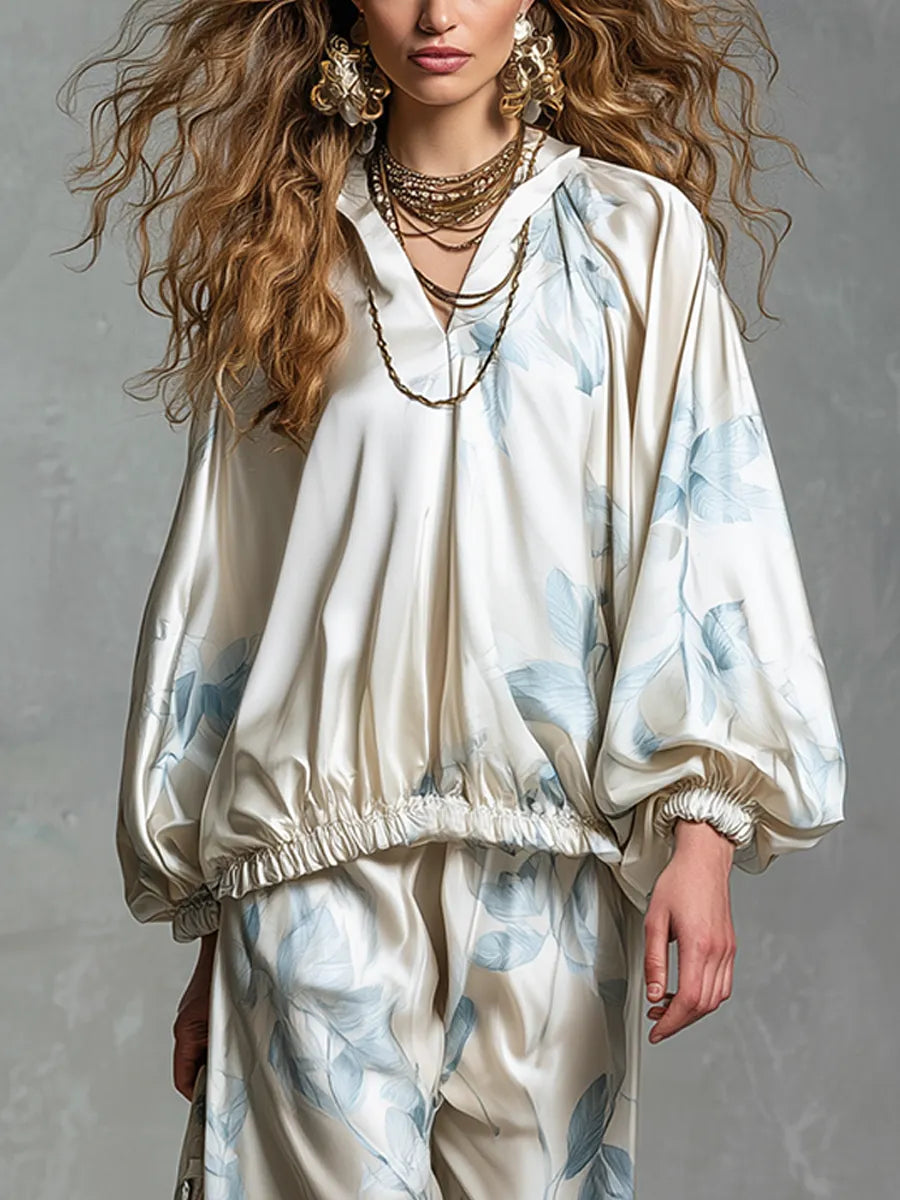 Bohemian Blue Printed Satin Suit
